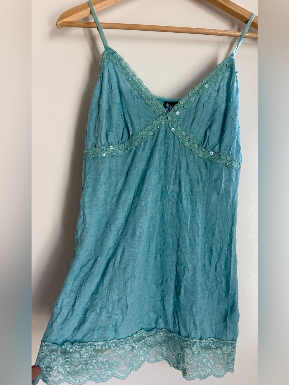 Early 2000s Women’s Y2K teal Lace Trim Camisole Tank Fairycore mallcore